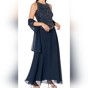 J Kara Womens Navy Blue  Embellished Formal Gown With Matching Scarf Size 18w